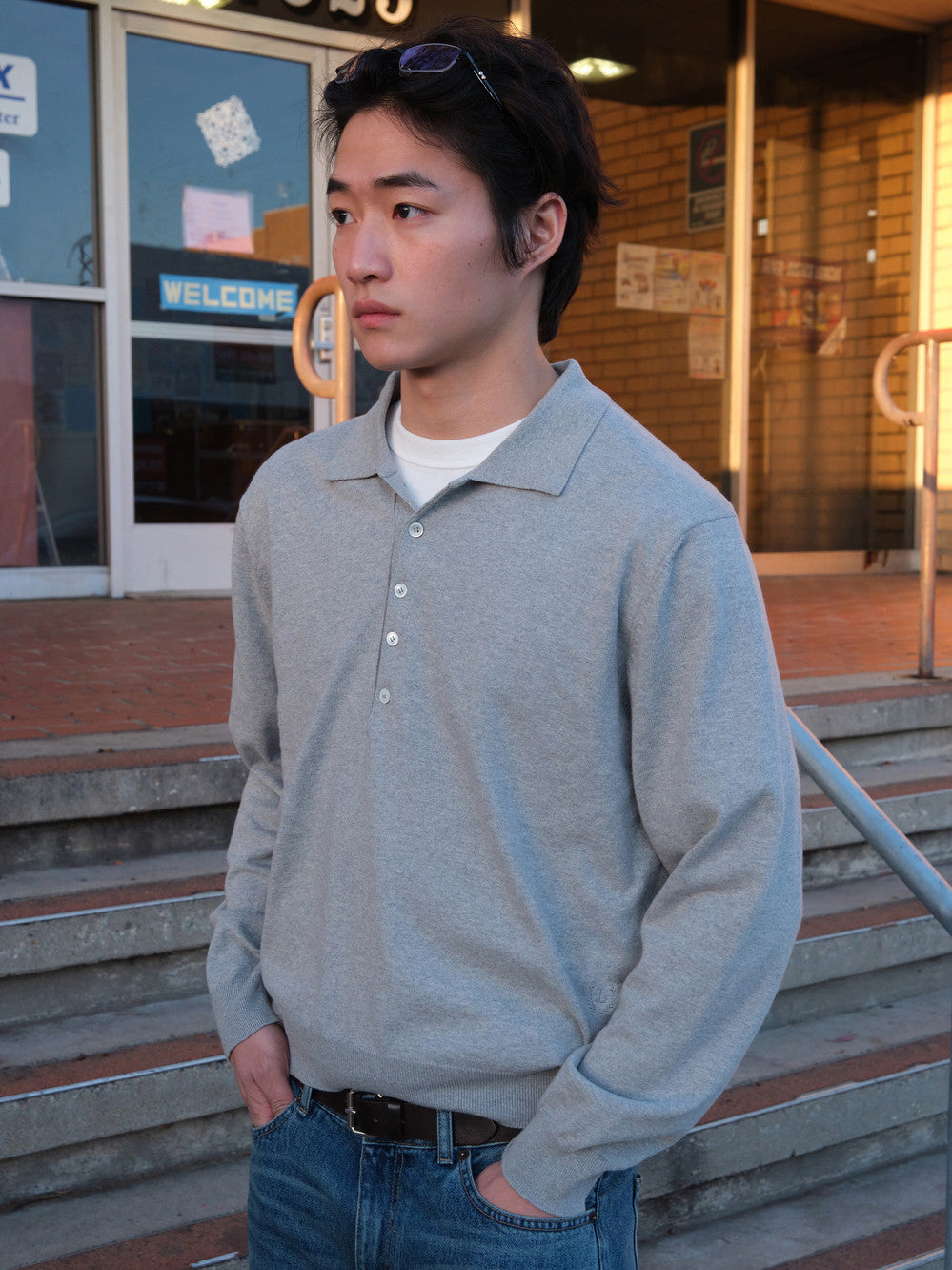[Low Classic] Polo Sweater_Melange Grey