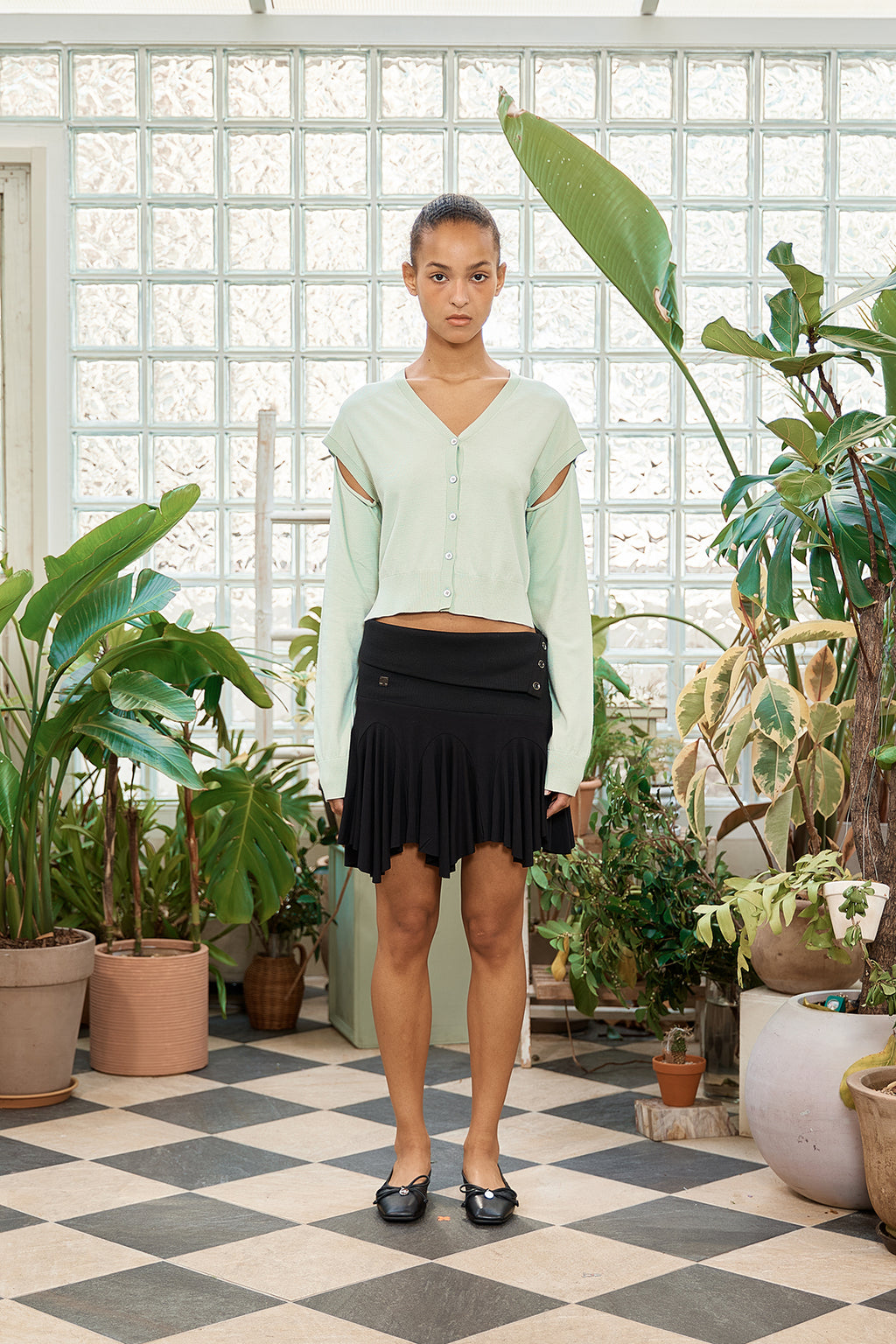 [matinkim] SLIT DETAIL BUTTON CARDIGAN IN MINT