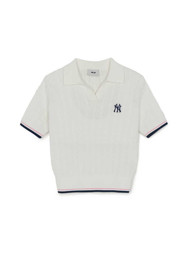 MLB Korea Women's Varsity Cable Open Collar Short Sleeve Knit Pullover