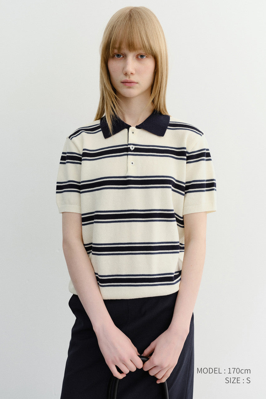 Dunst Unisex Multi Striped Polo Knit Cream Navy