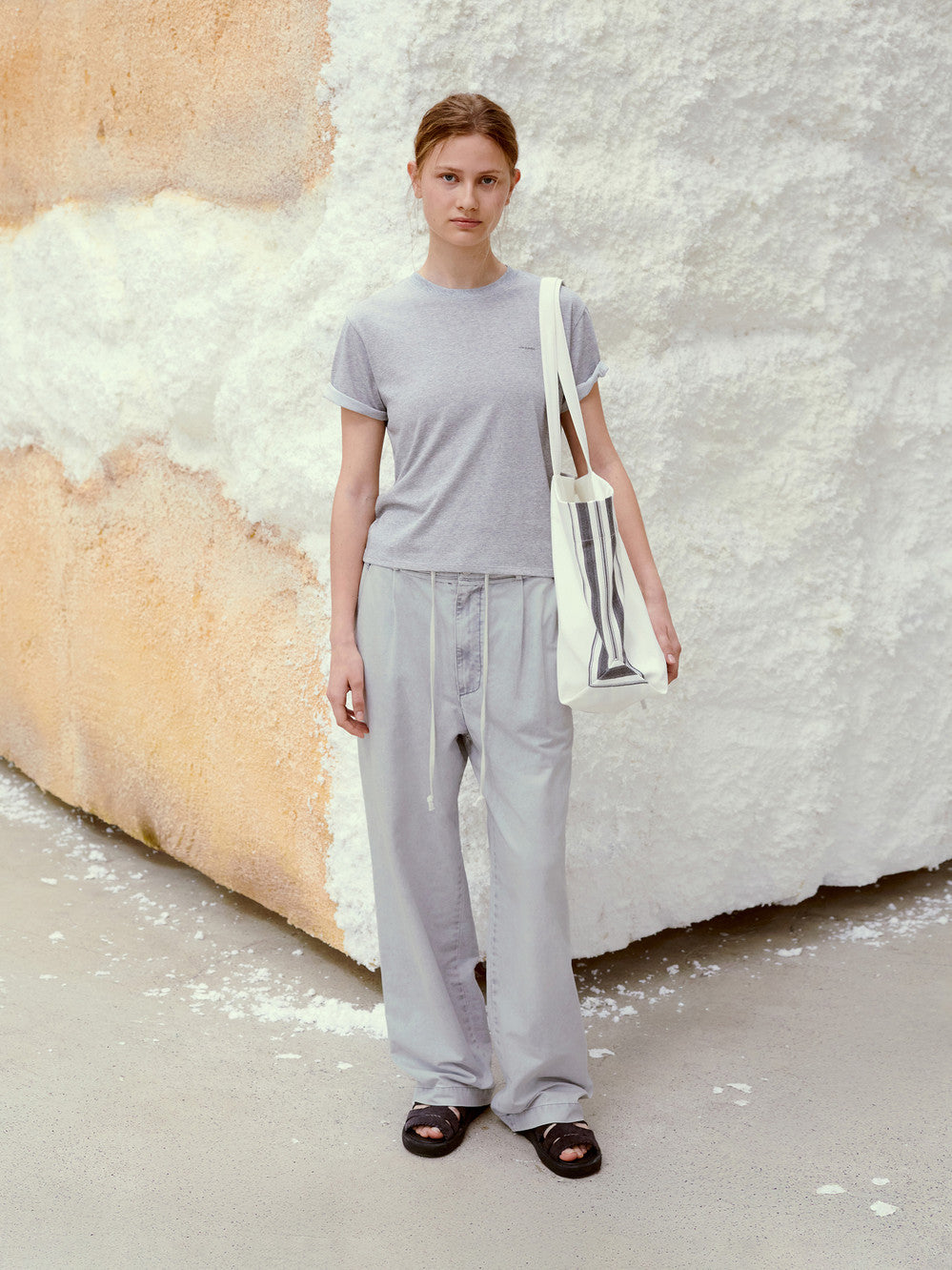 Low Classic Drawstring Washed Cotton Pants Light Grey