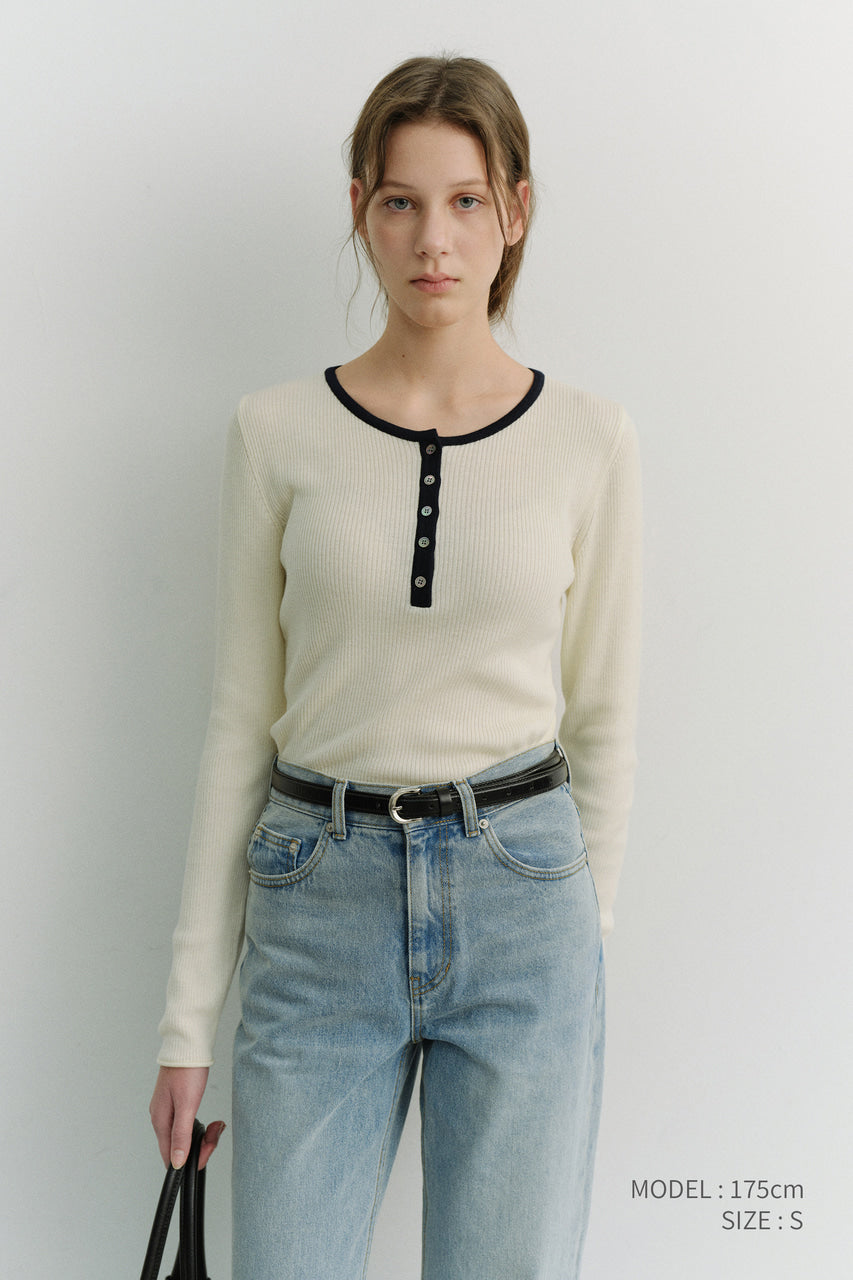 Dunst Buttoned Round-Neck Knit Top Cream