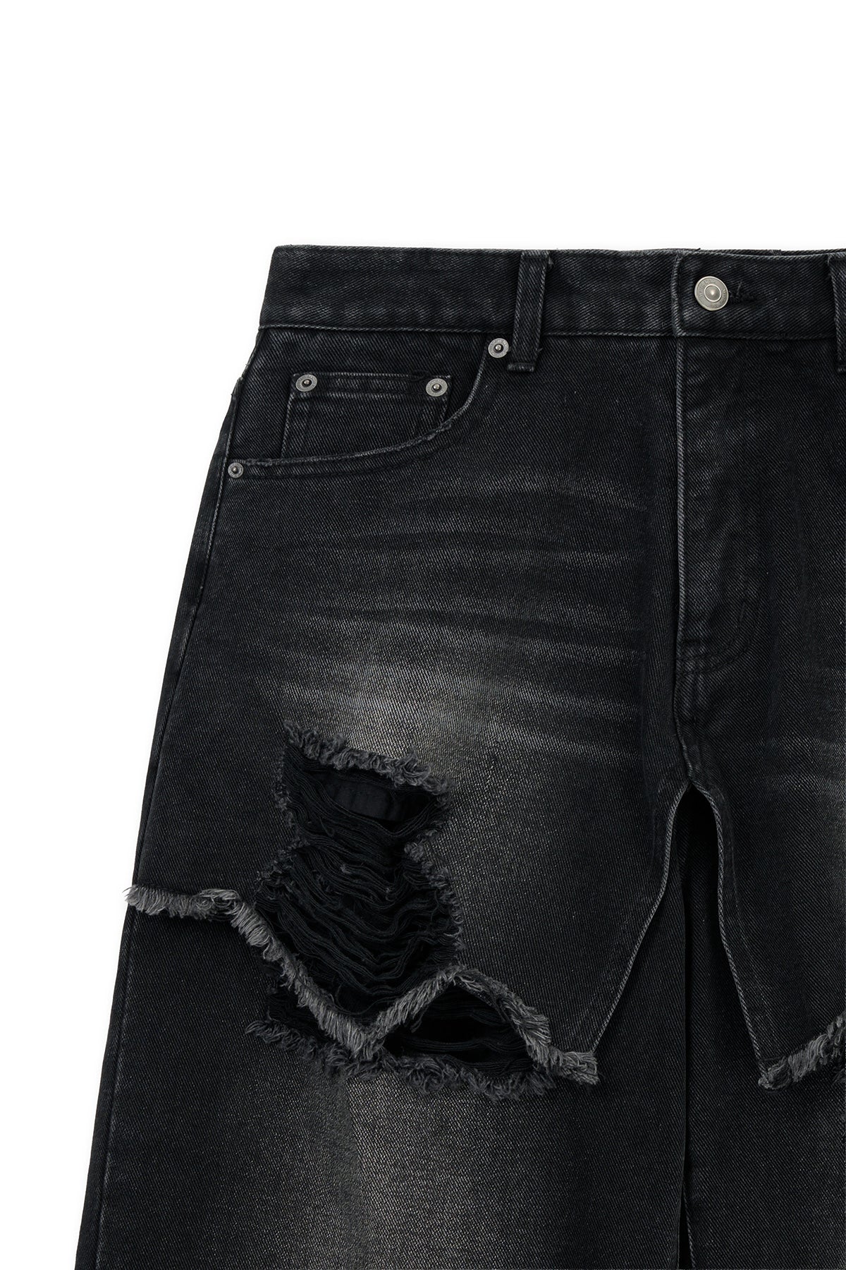 [matinkim] FRONT LAYERED DISTRESSED DENIM PANTS IN BLACK