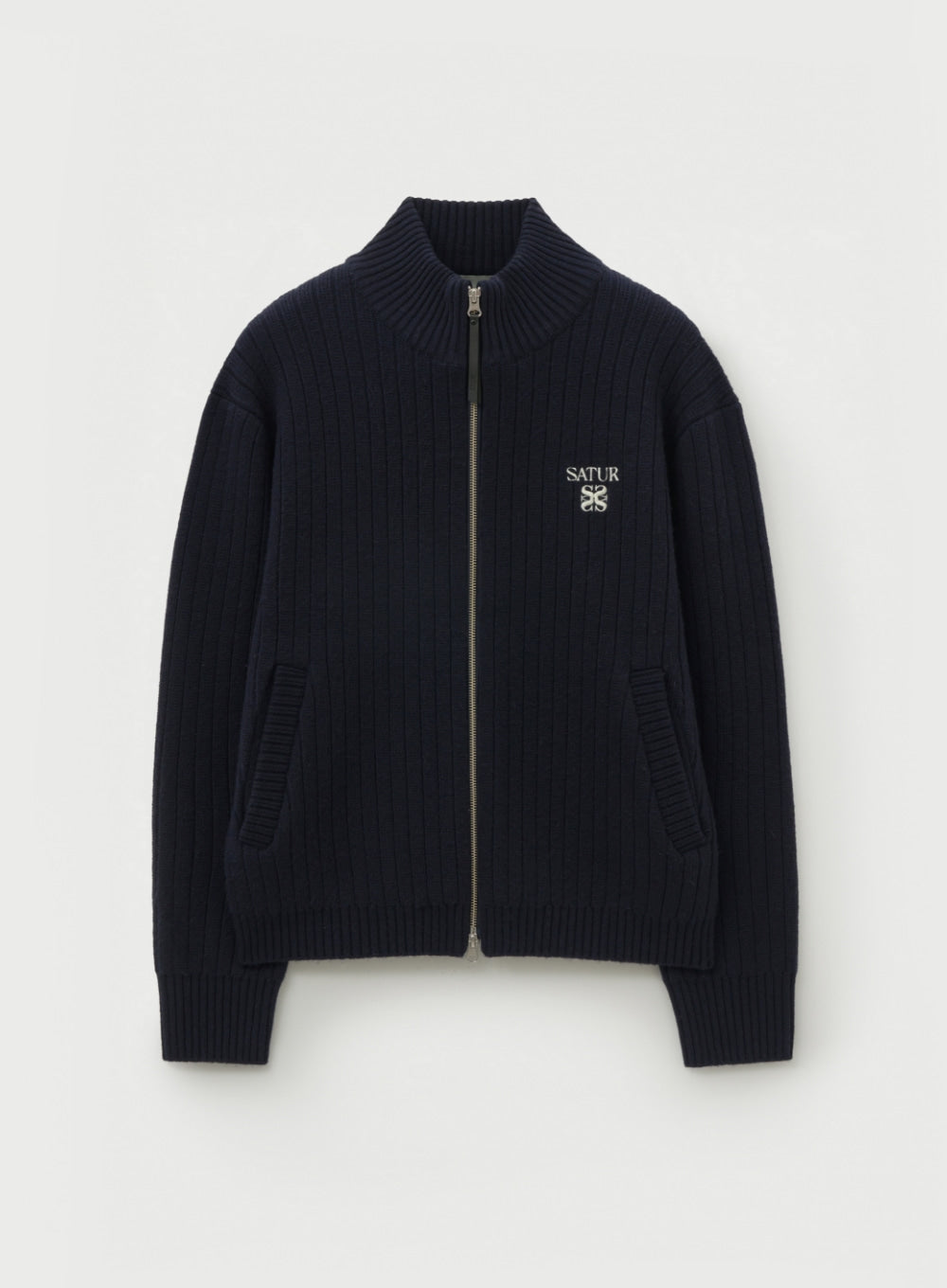 [satur] Faro Half Neck Knit Zip-up - Navy