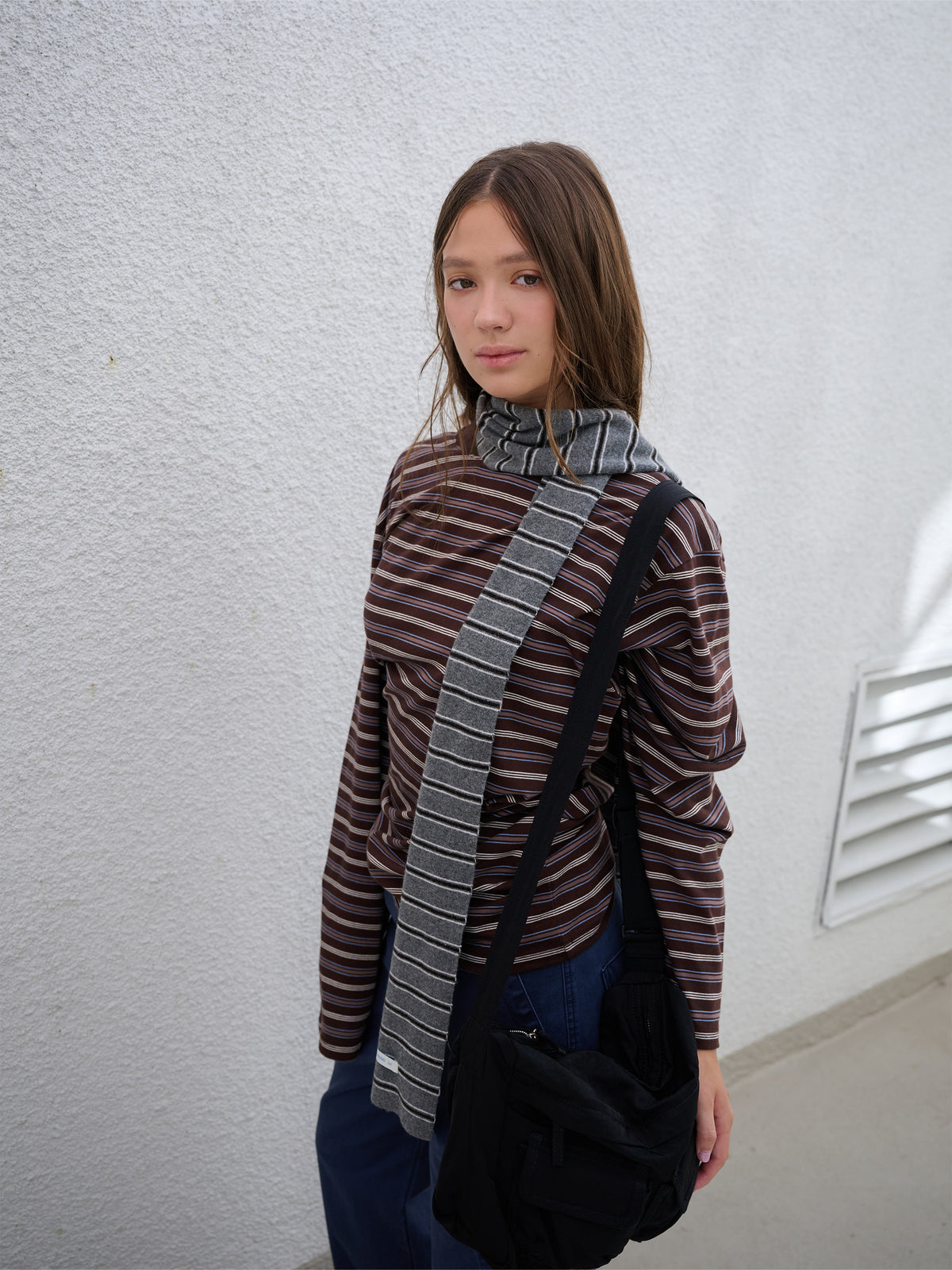 Low Classic Wool Cash Blend Striped Muffler Melange Grey