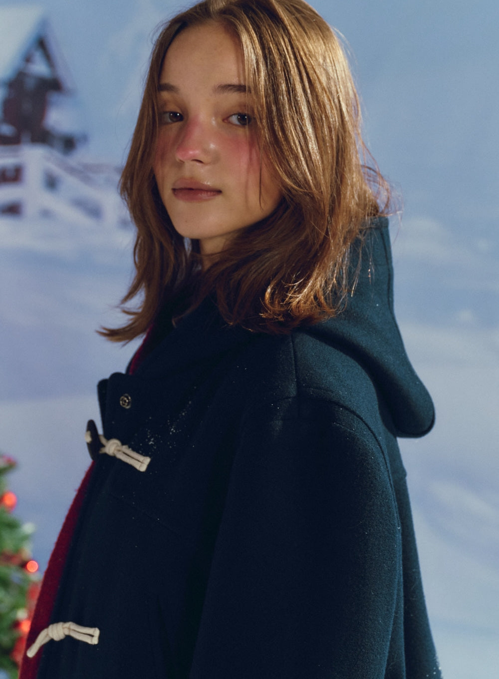 [satur] Pre-order — Ships 11/19: (W) Hooded Wool-Blend Duffle Half Coat - Navy