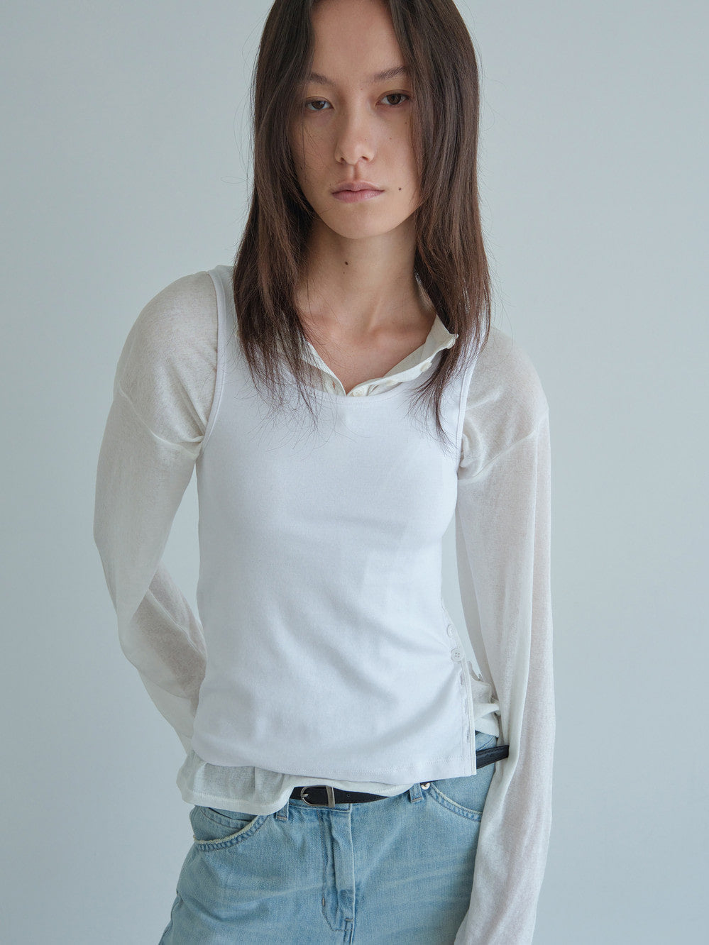 Low Classic Side Button Sleeveless Top White