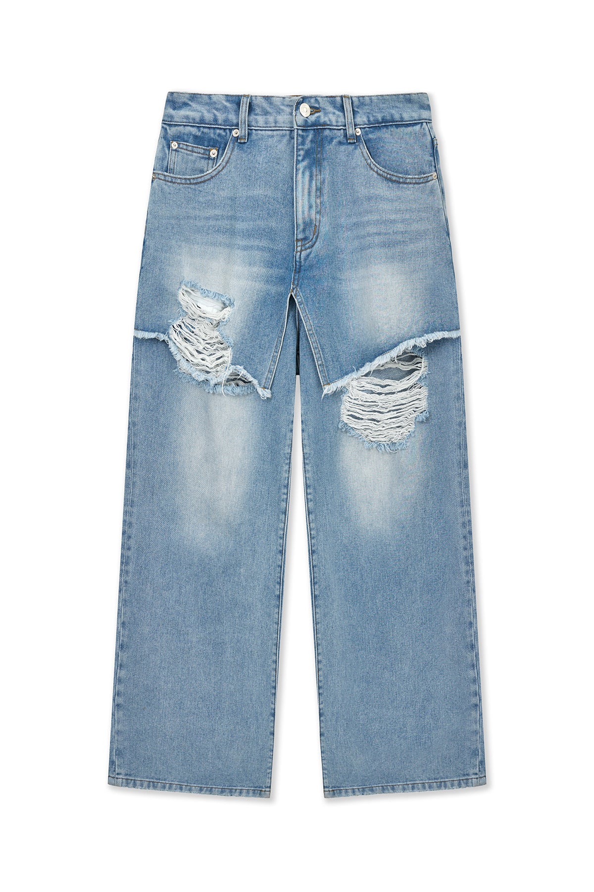 [matinkim] FRONT LAYERED DISTRESSED DENIM PANTS IN BLUE