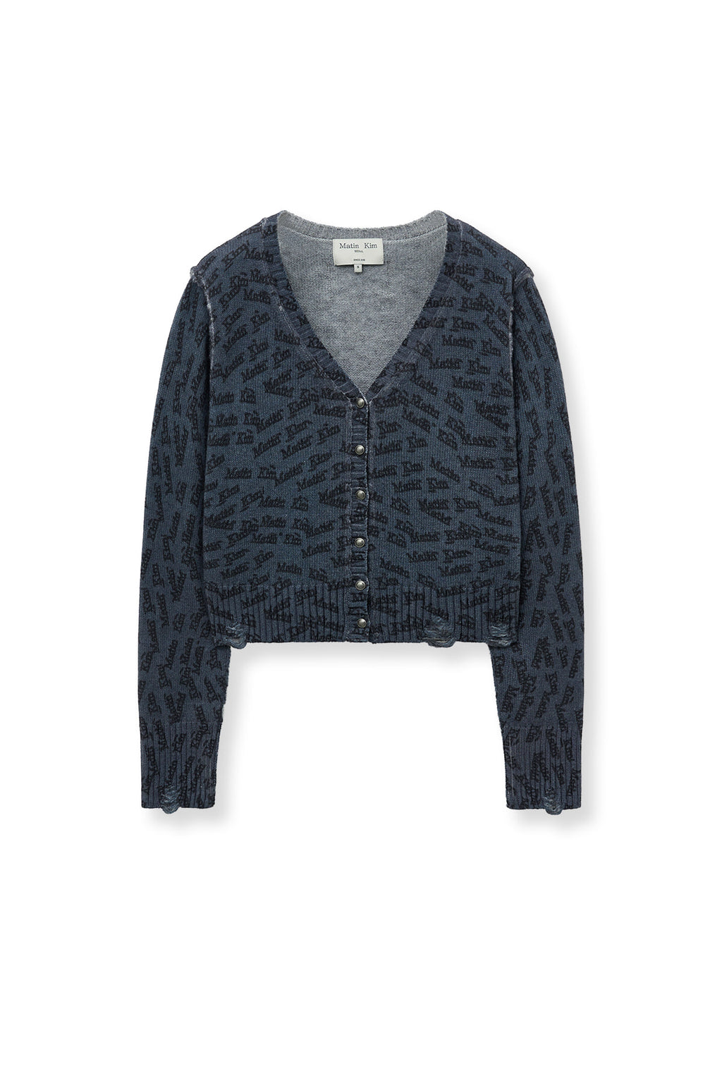[matinkim] ALL OVER LOGO CROP CARDIGAN IN NAVY