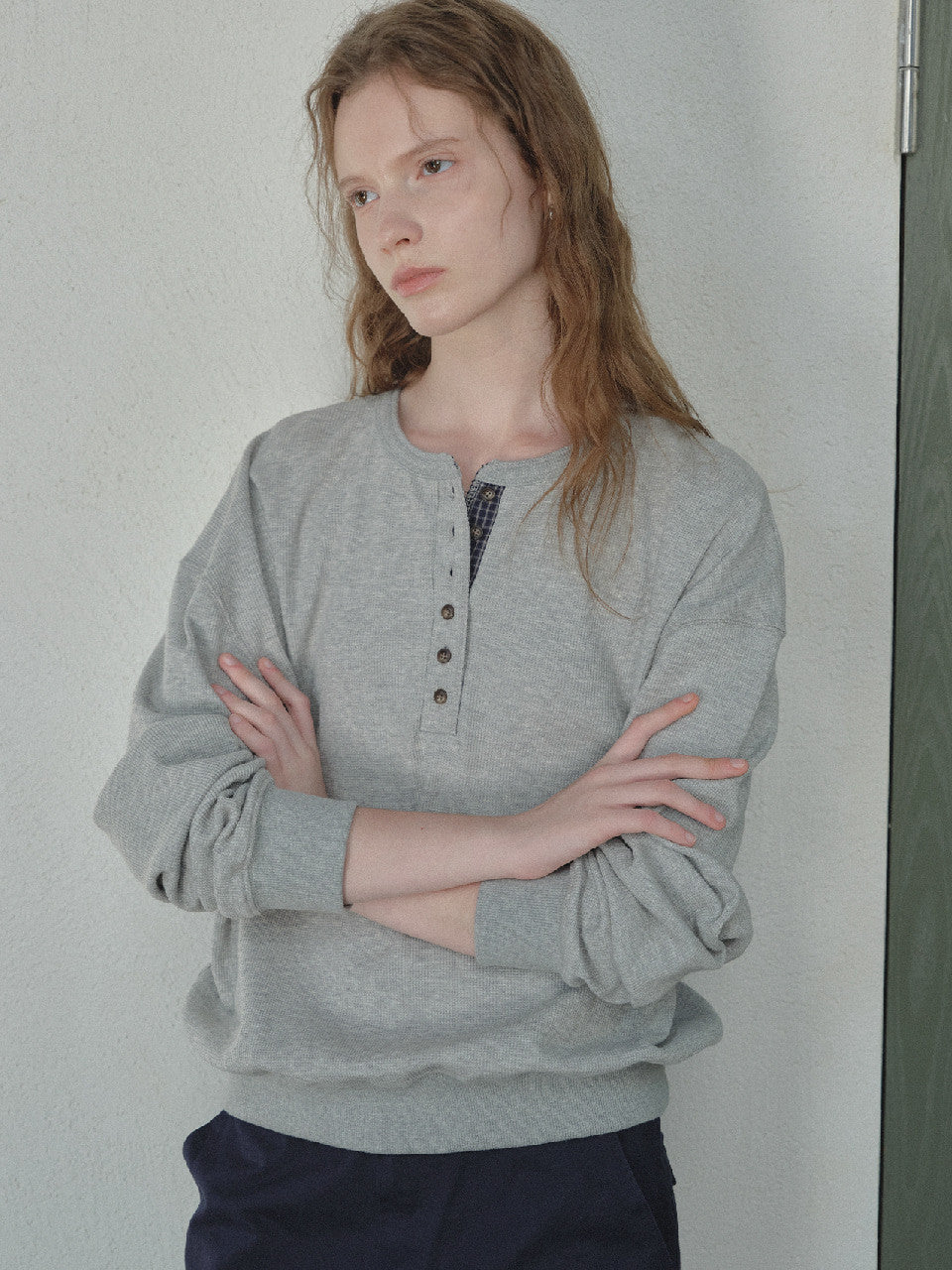 Tillidie Waffle check henley sweatshirt Melange