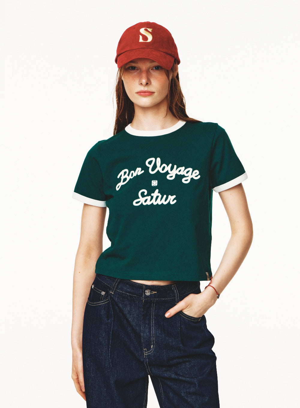 [satur] (W) Bon Voyage Ringer T-Shirt - Deep Green