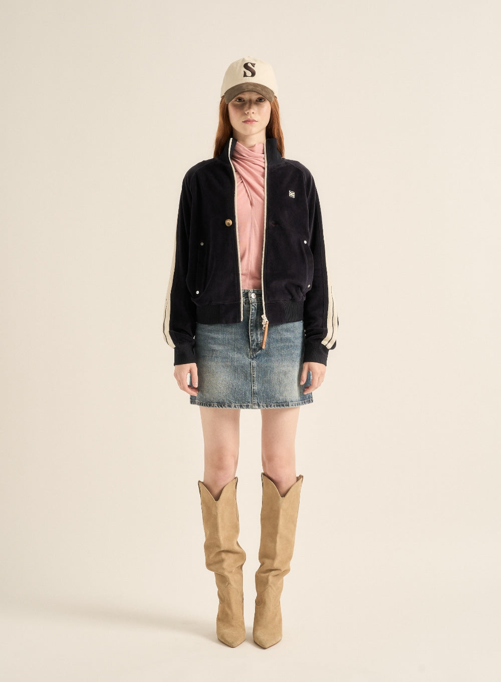 [satur] (W) Lawton Velour Track Zip-up Jacket - Navy