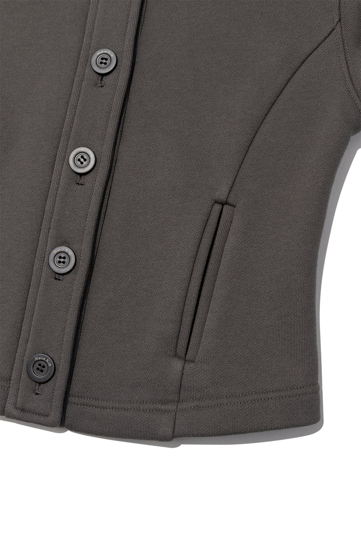 [matinkim] HIGH NECK BALLOON BUTTON CARDIGAN IN CHARCOAL