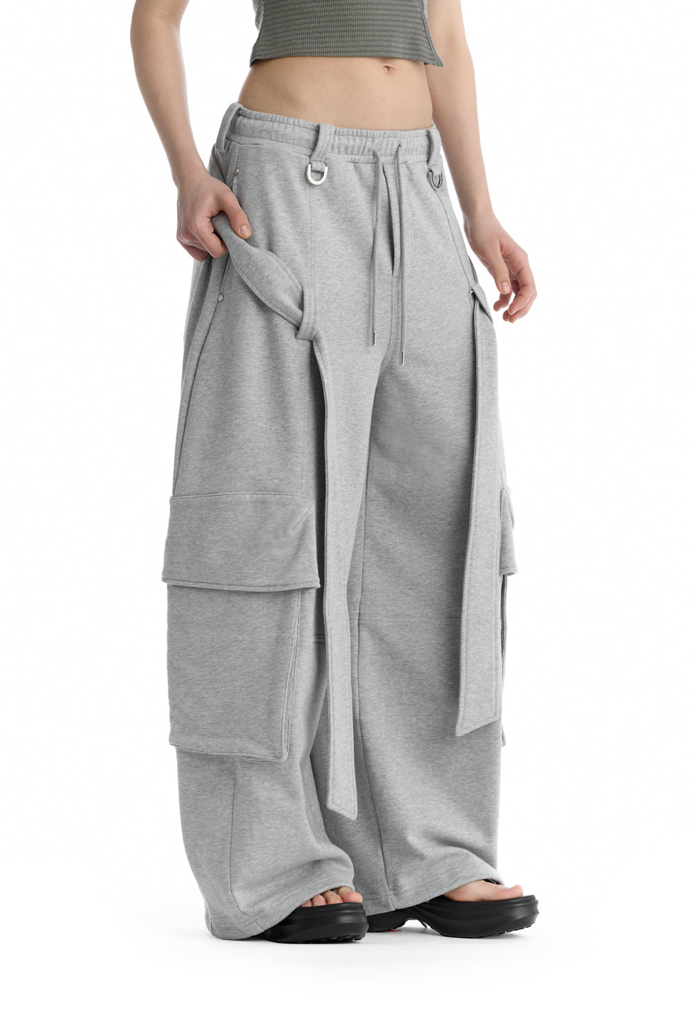 Treemingbird Utility Belted Cargo Sweat Pants Melange Gray