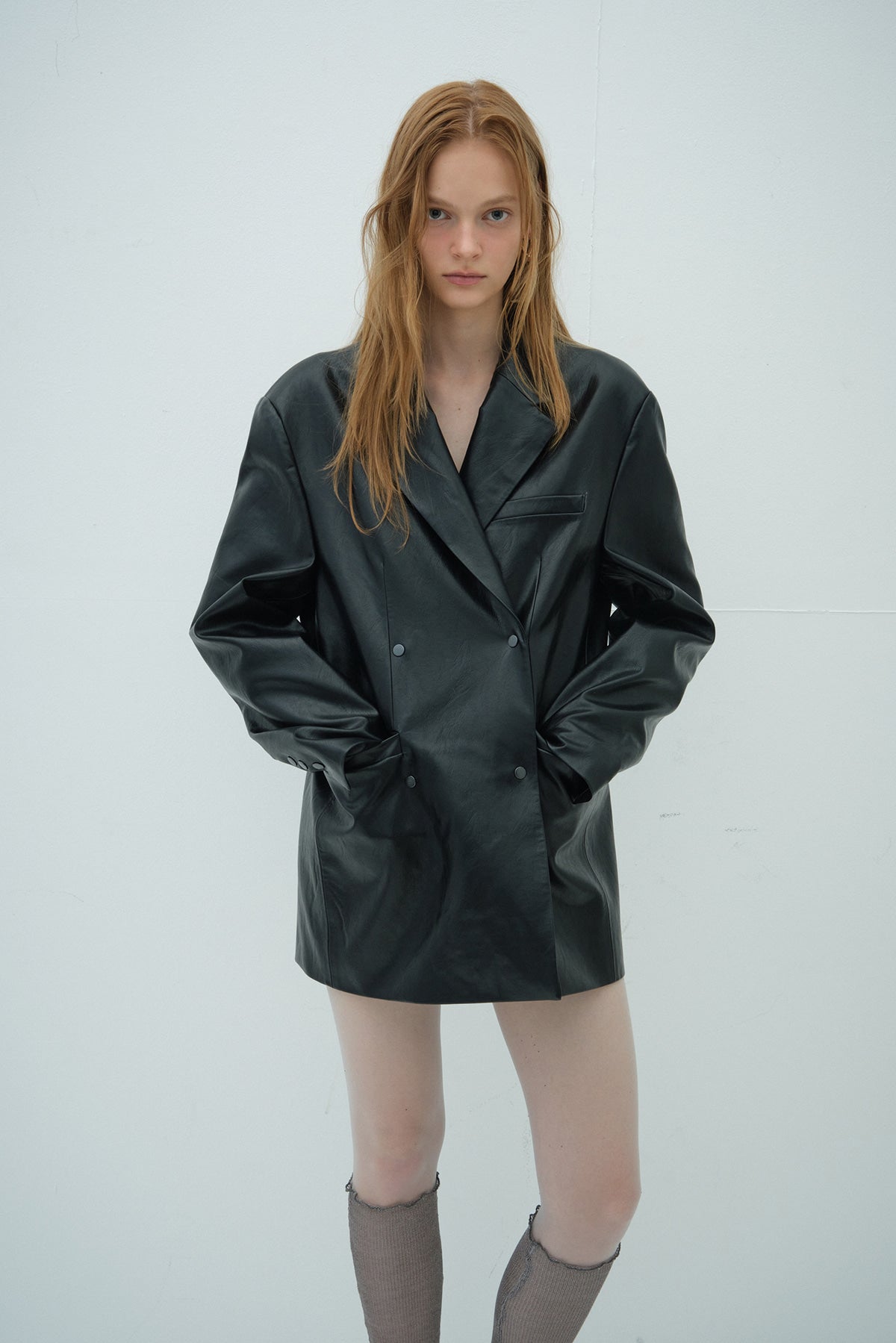 Overdueflair Snap Two-Way Oversized Leather Jacket Black