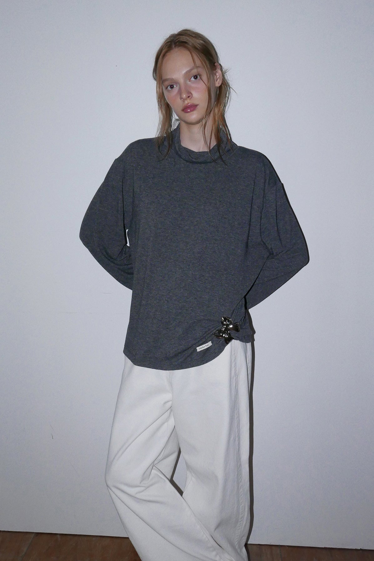 Overdueflair Loose Fit Wool Tencel Turtleneck T-Shirt Charcoal