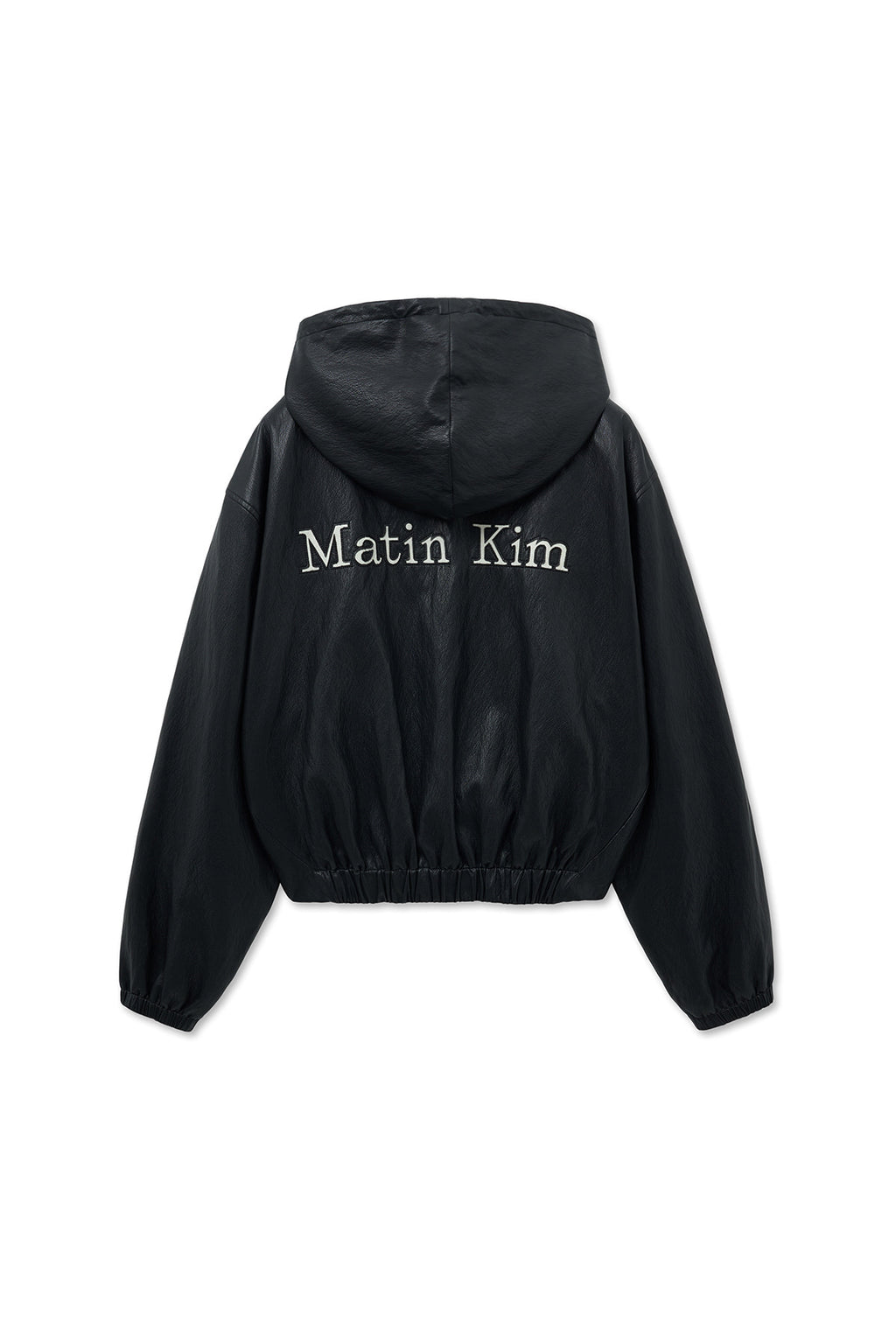 [matinkim] FAUX LEATHER HOODY CROP JUMPER IN BLACK