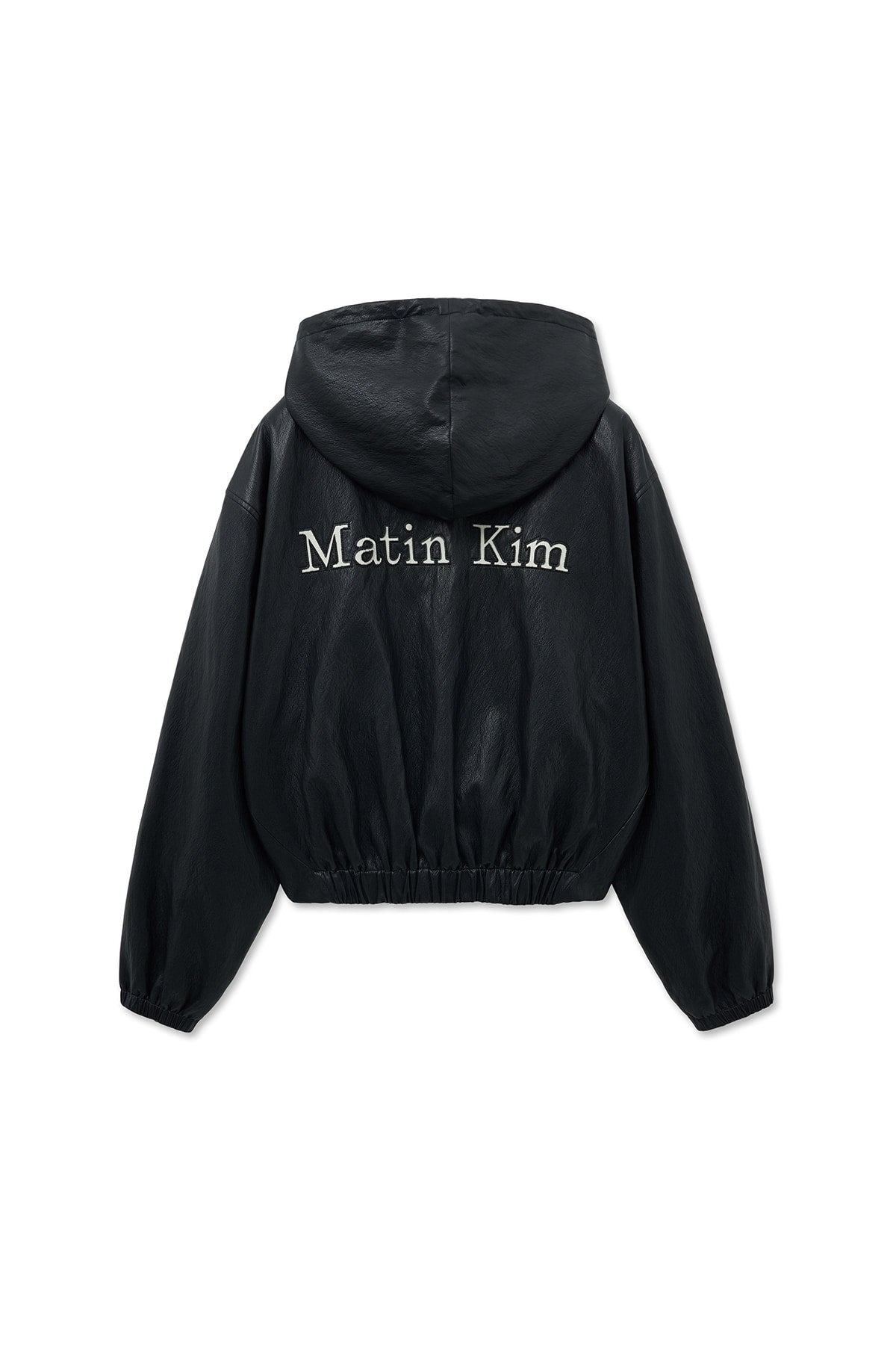[matinkim] FAUX LEATHER HOODY CROP JUMPER IN BLACK