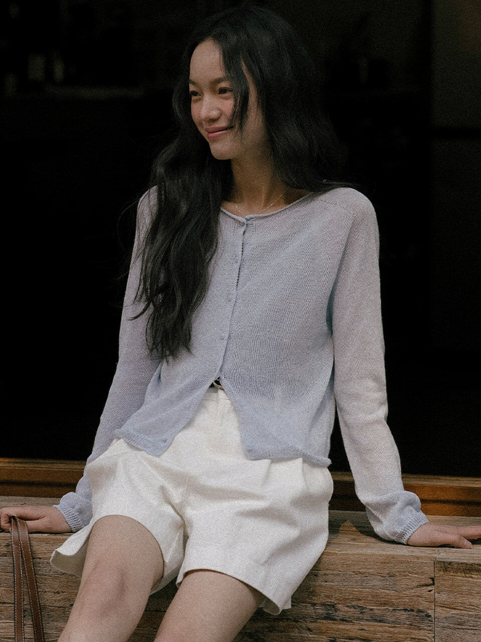 Tillidie Linen blended round cardigan Sky blue