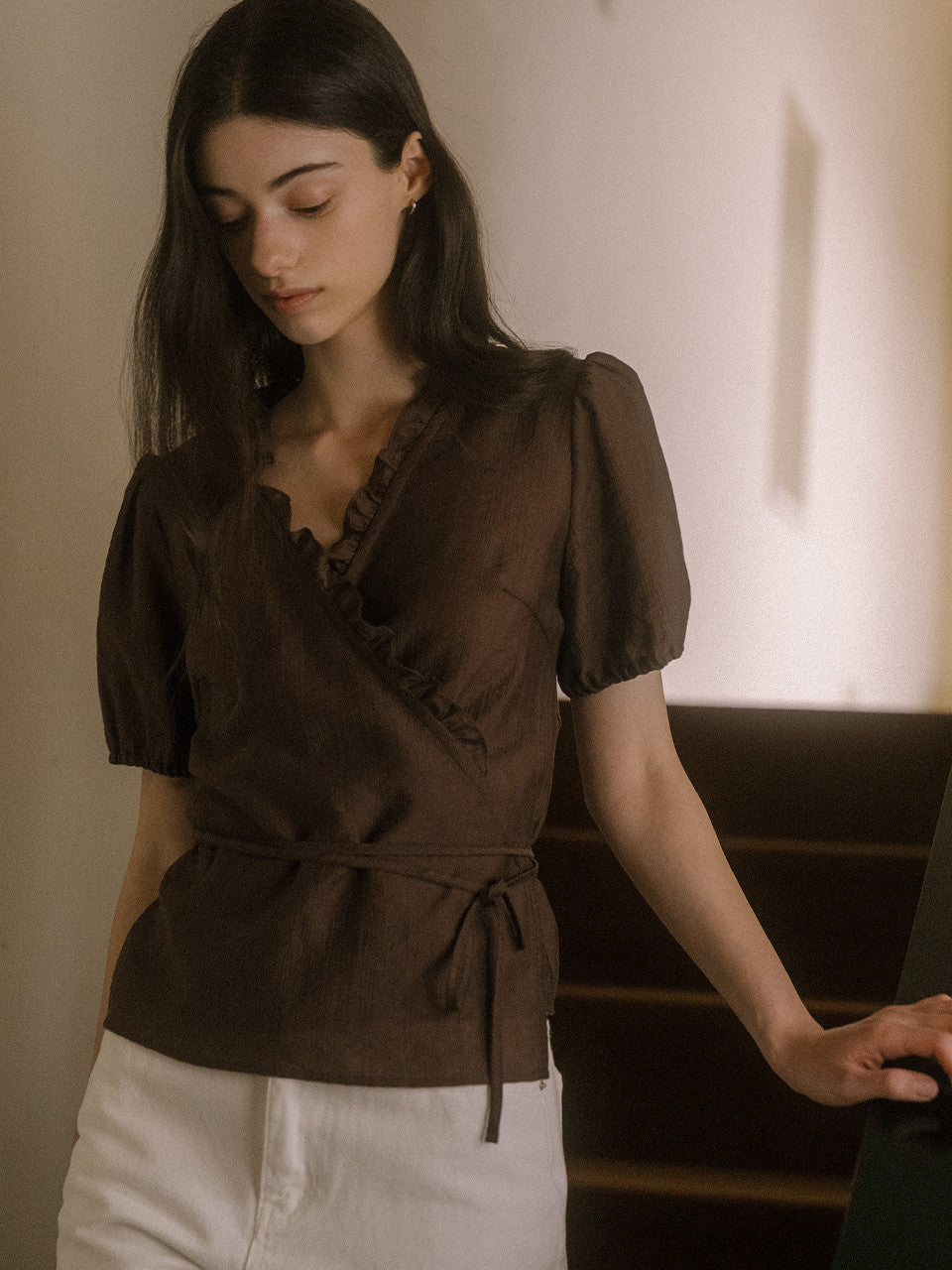 Tillidie Frill wrap blouse Brown