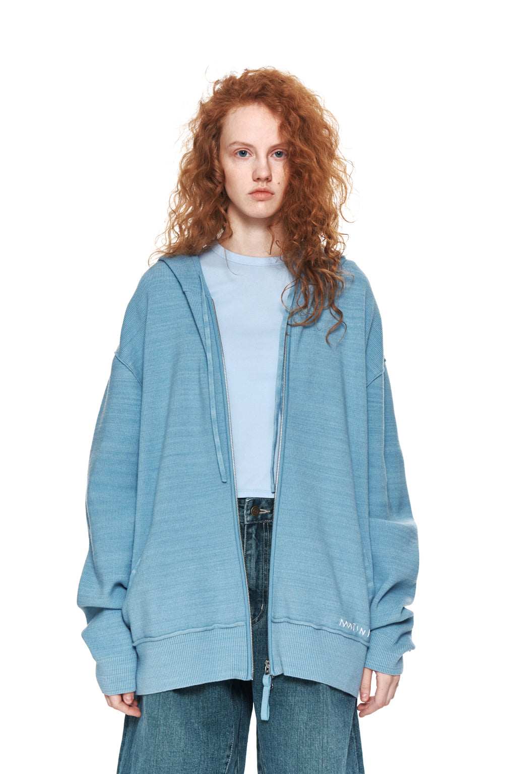 Matinkim Ribbed Knit Hoody Zip UP For Men IN Sky