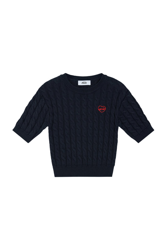 HEART CABLE CROPPED KNIT TOP-NAVY