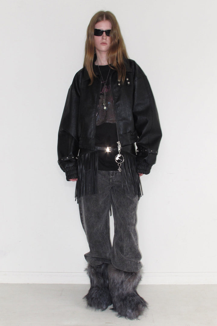 Instantfunk Cropped Strap Leather Jacket - Black
