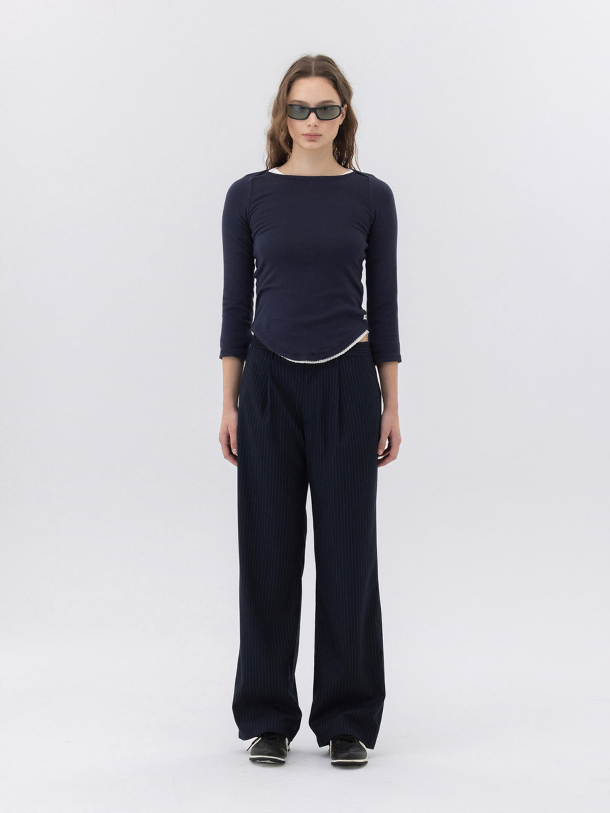GLOWNY G Gentle Wide Leg Pinstripe Pants 2.0 (Navy)
