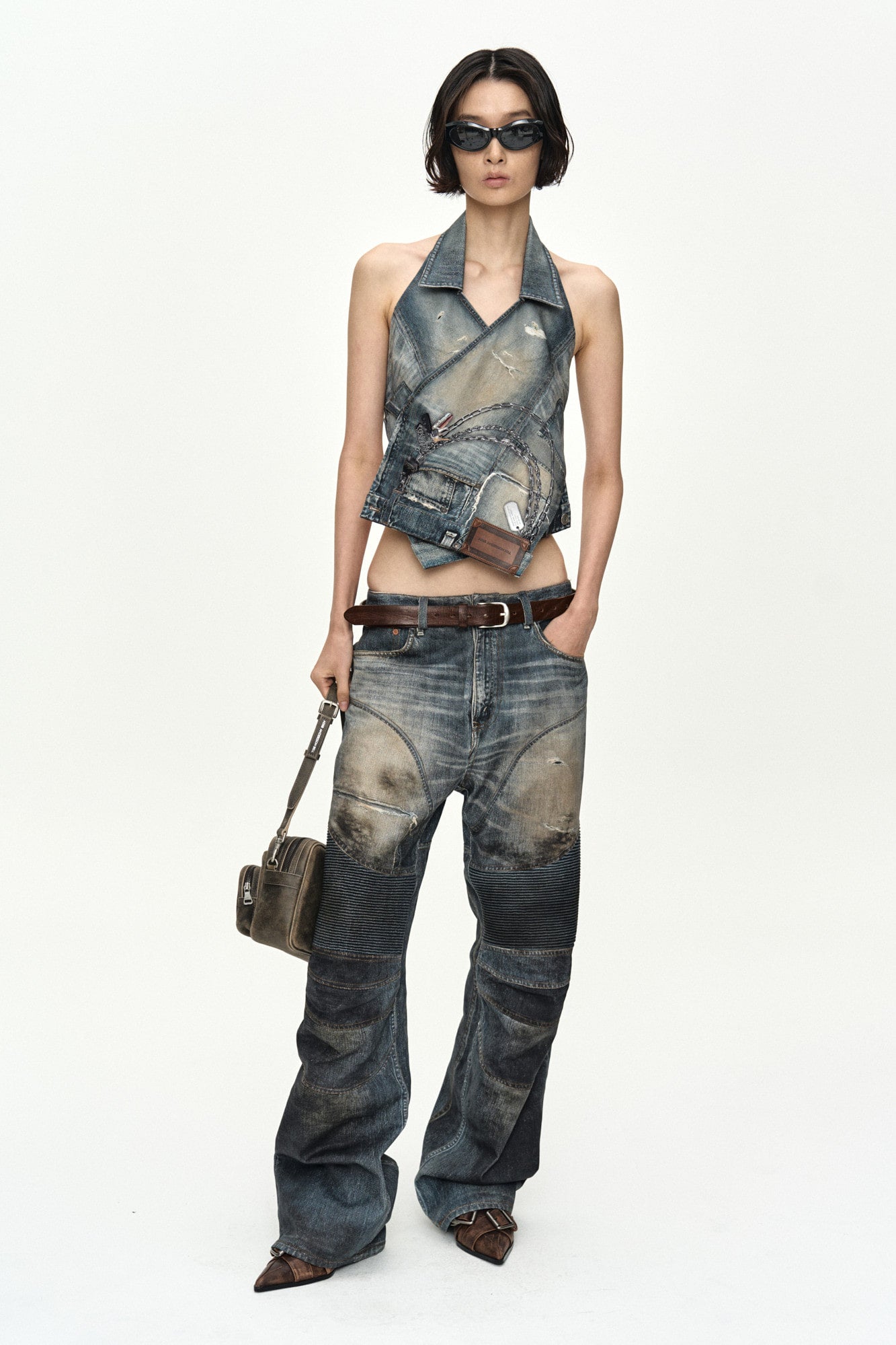 Andersson Bell Upside-Down Printed Denim Halter Top