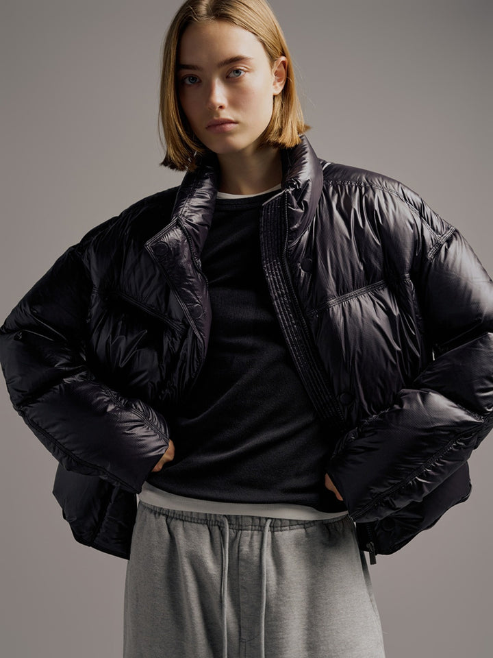Facade Pattern Stitch Goose Down Crop Padded Jacket black