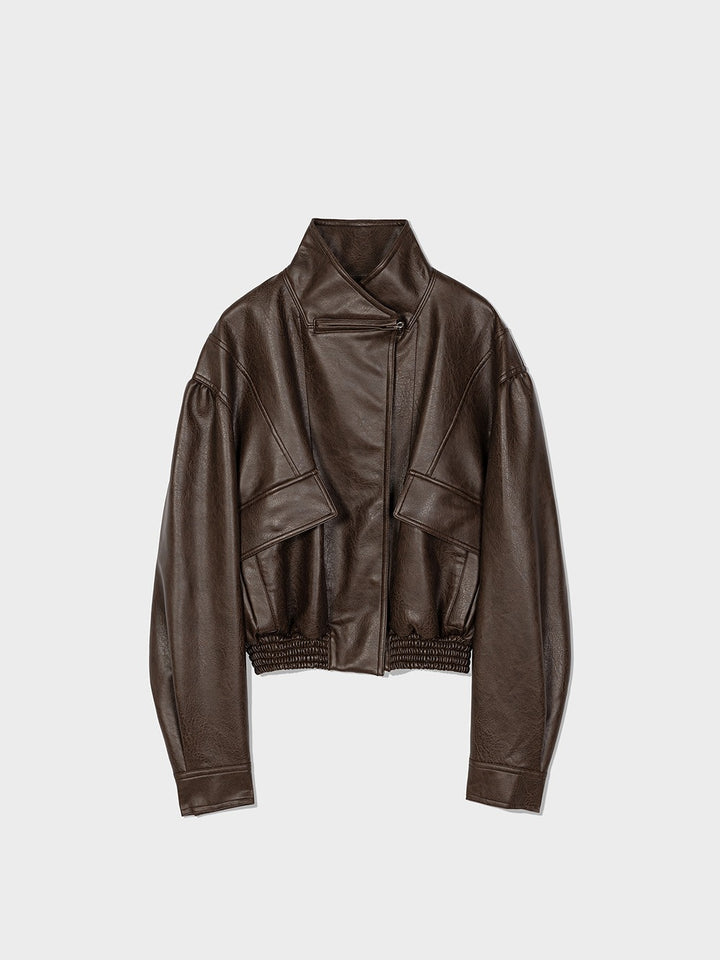 Low Classic Artificial Leather Short Jacket Brown
