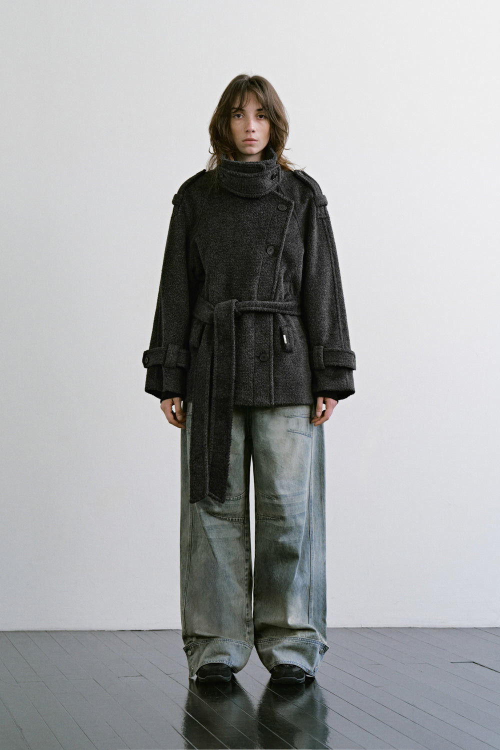 Treemingbird High-Neck Convertible Belted Half Coat Charcoal