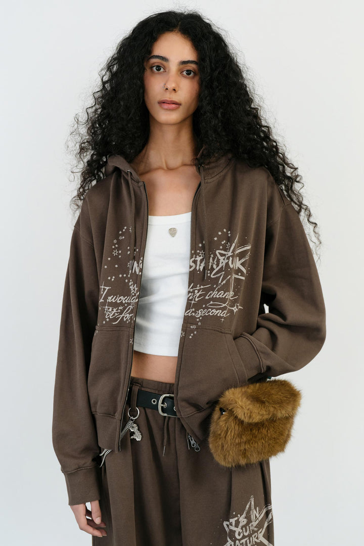 Instantfunk Washed Graphic Zip Up Hoodie - Brown