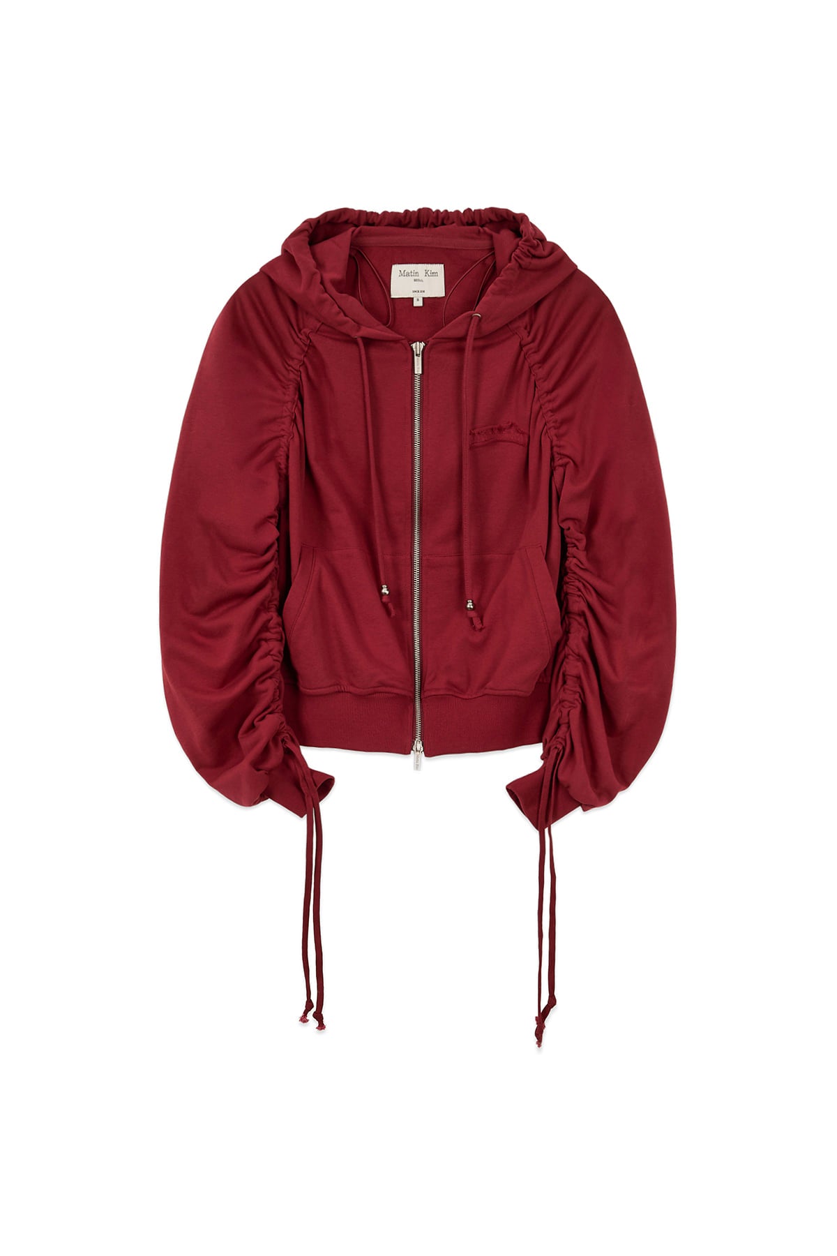 [matinkim] SLEEVE STRING DETAIL HOODY ZIP UP IN RED