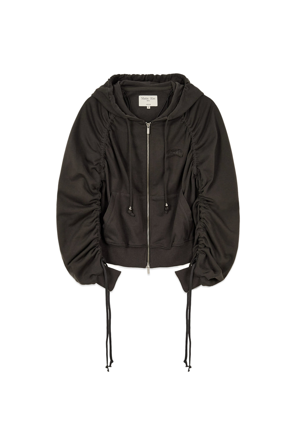 [matinkim] SLEEVE STRING DETAIL HOODY ZIP UP IN CHARCOAL