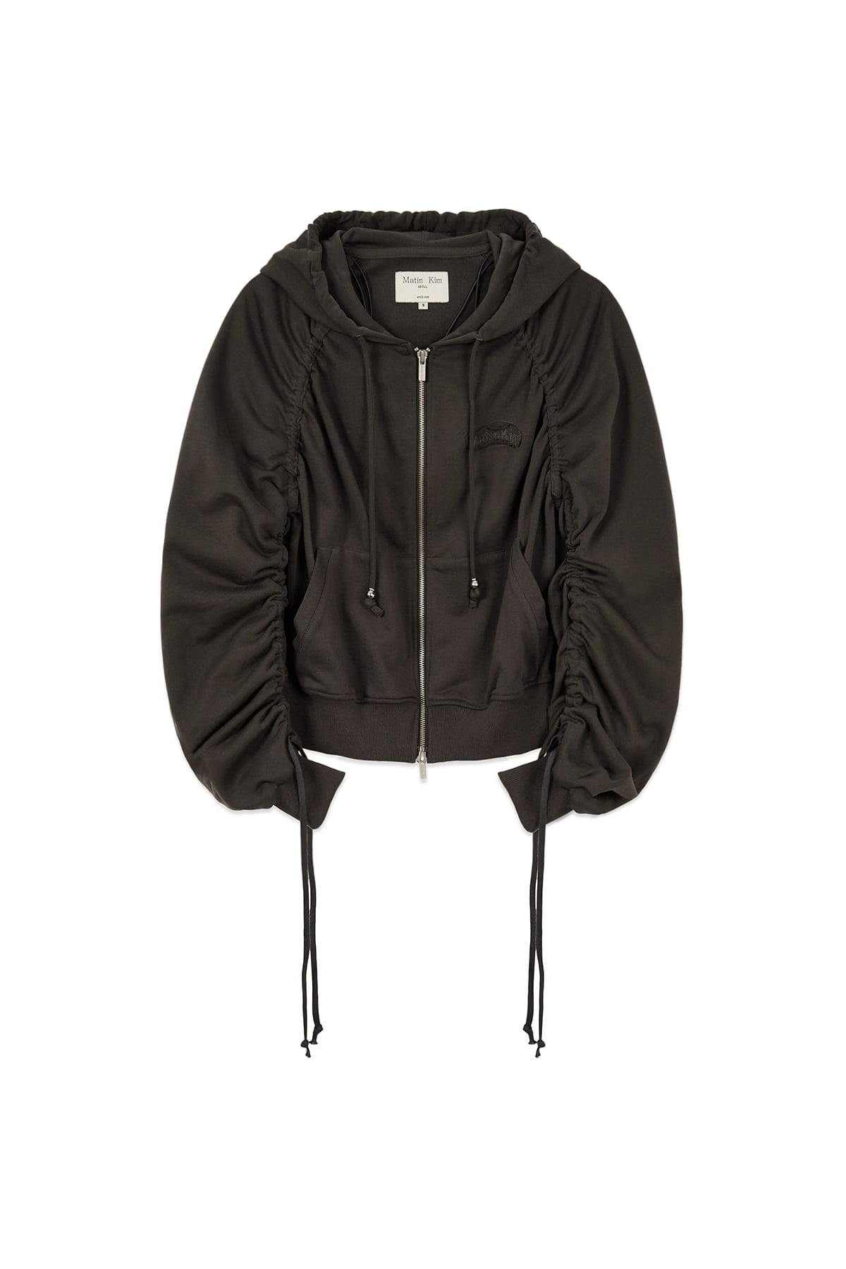 [matinkim] SLEEVE STRING DETAIL HOODY ZIP UP IN CHARCOAL