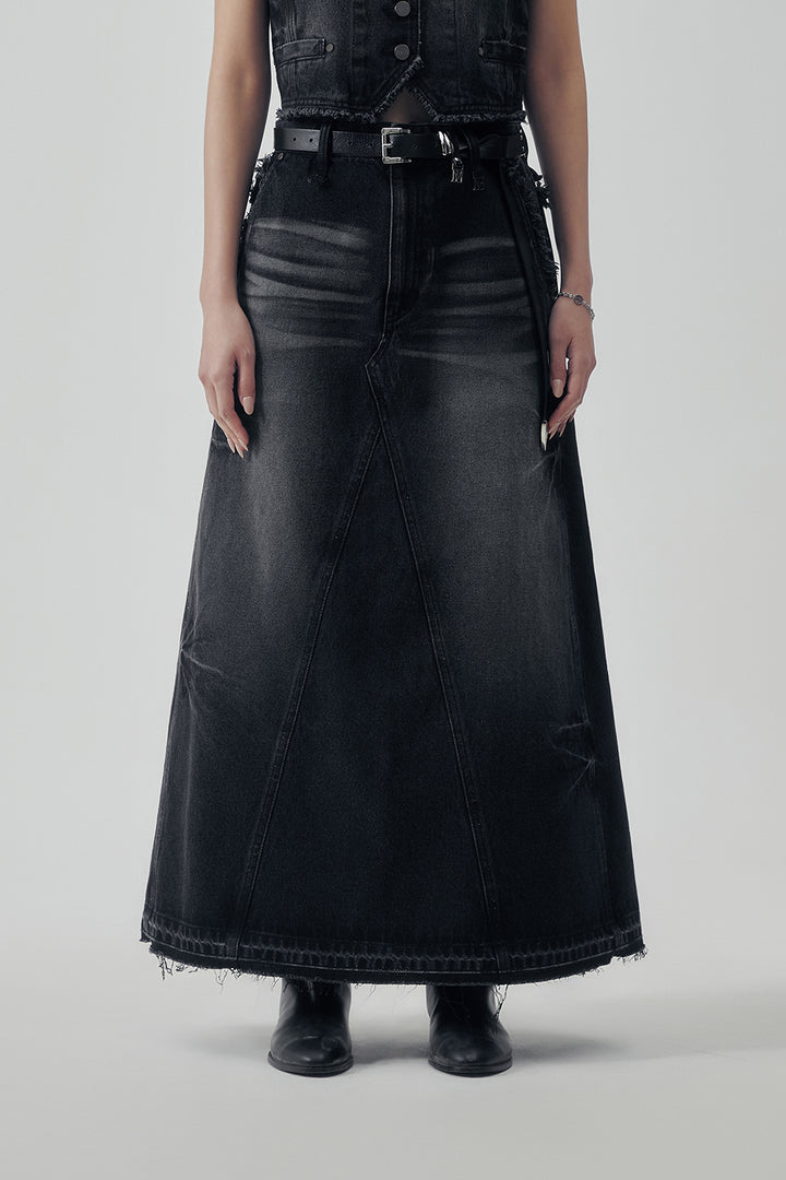 Treemingbird Vintage Frayed Denim Set-up Skirt Black