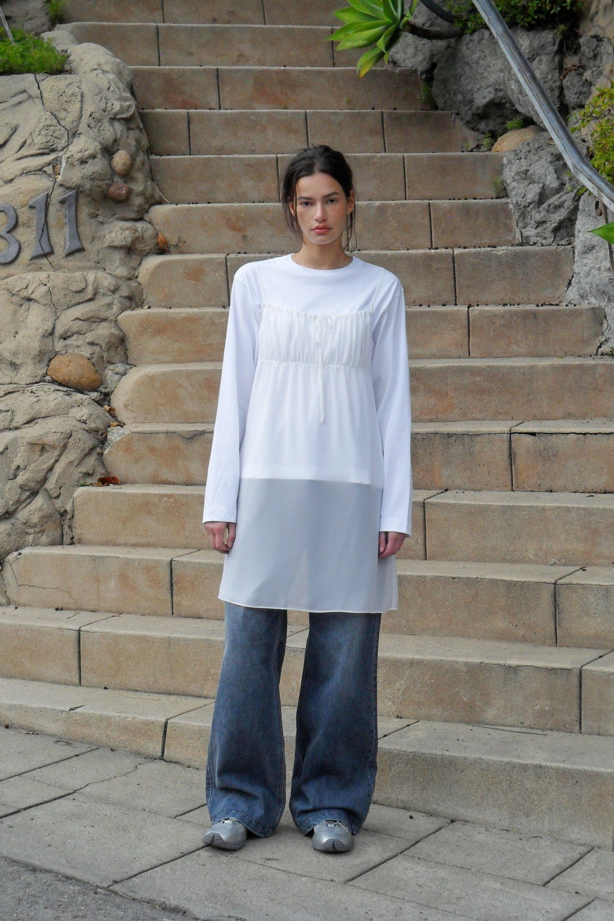 Low Classic Sheer Ribbon Layered Dress White