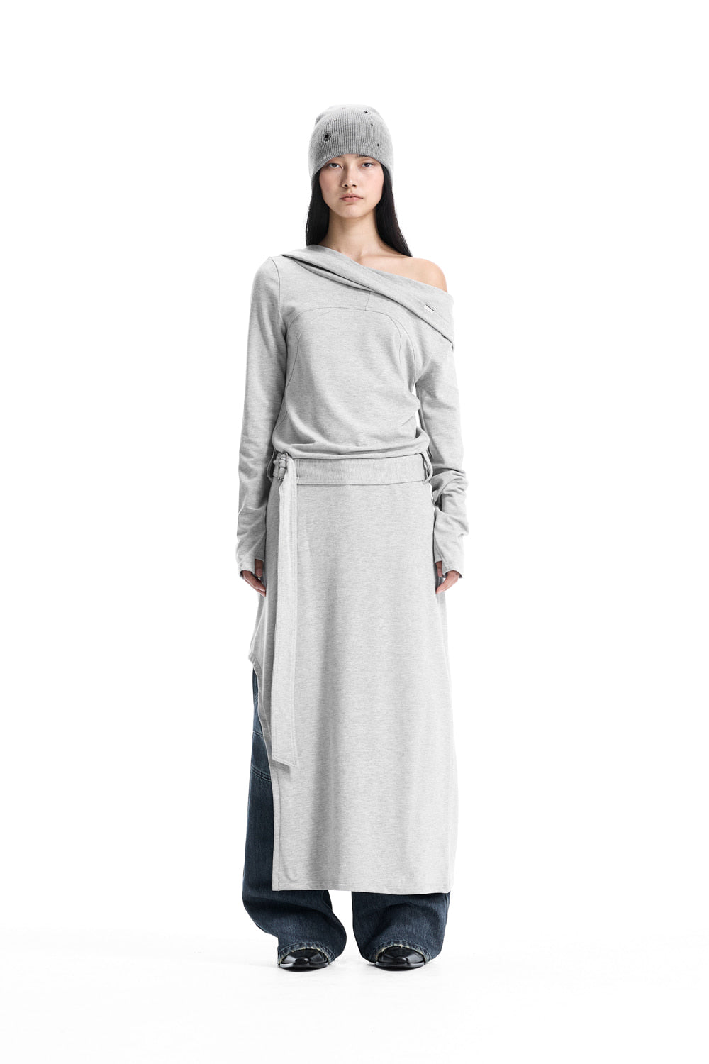 Treemingbird Hooded One-Shoulder Maxi Dress Melange Gray