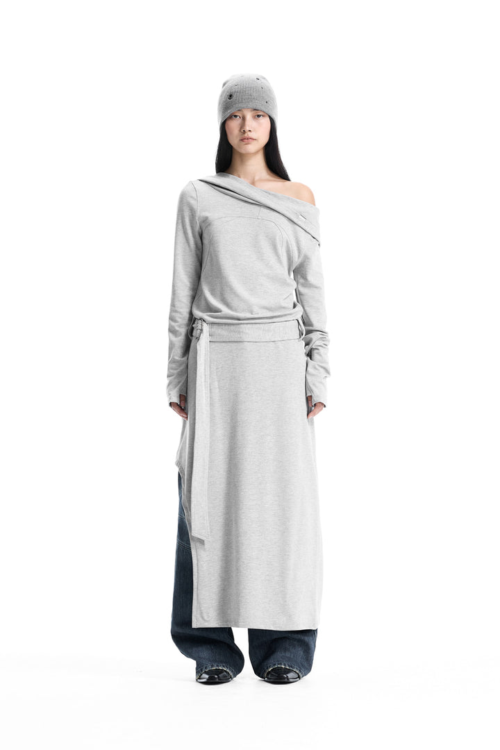 Treemingbird Hooded One-Shoulder Maxi Dress Melange Gray
