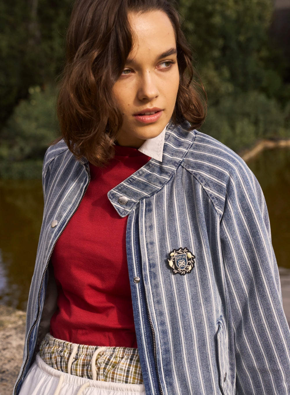 Satur Stripe Denim Harrington Jacket - Blue