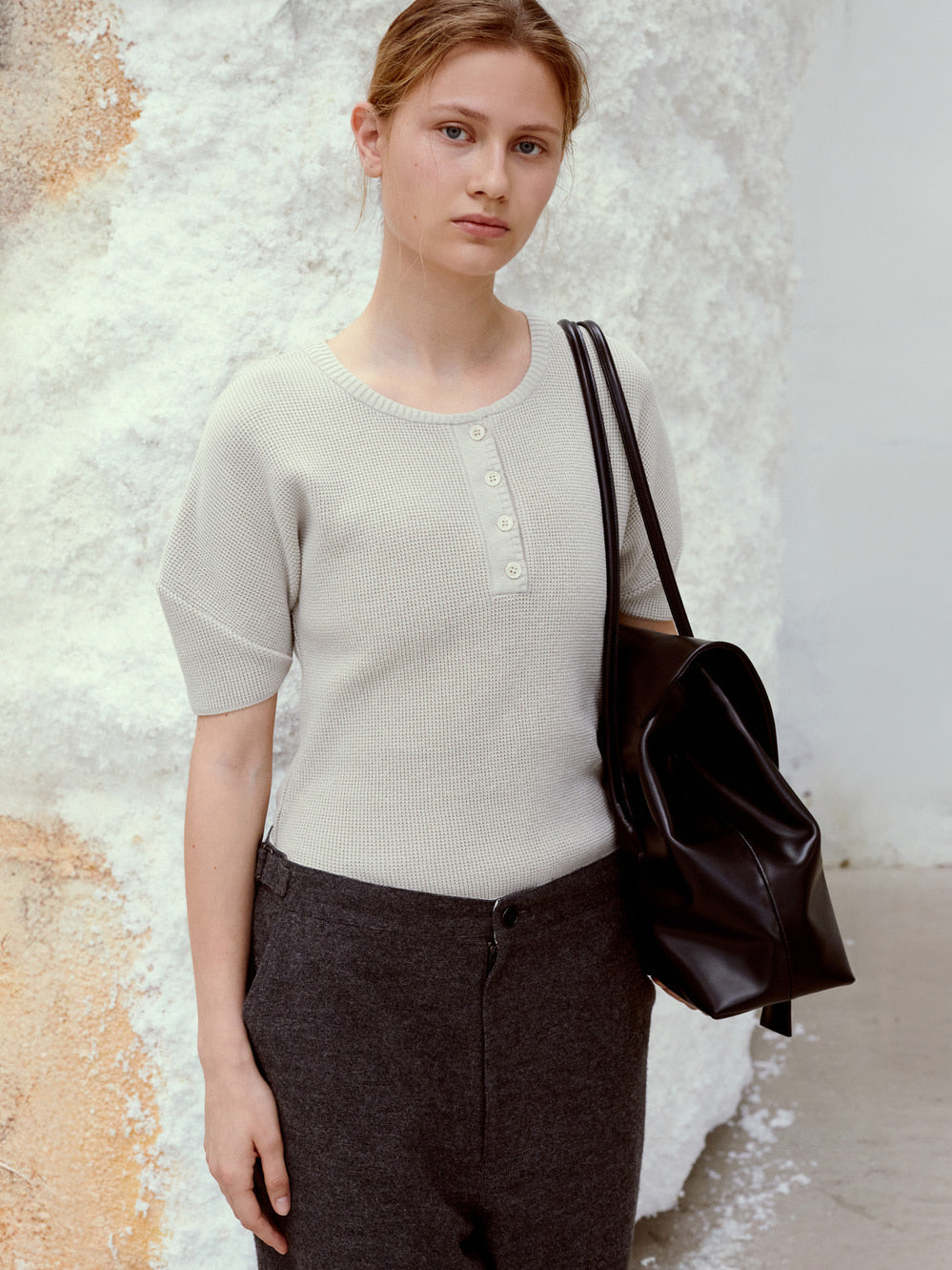 [Low Classic] Puff Sleeve Henry Neck Knit Top_Light Grey