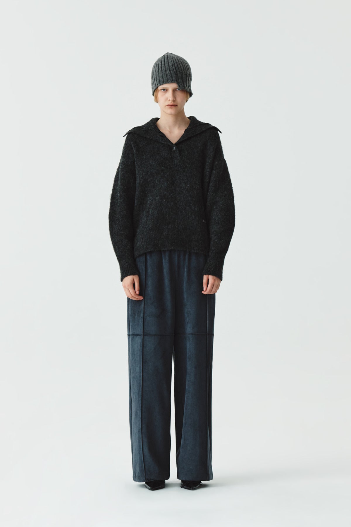 Matinkim Button High Neck Alpaca Blend Sweater IN Charcoal