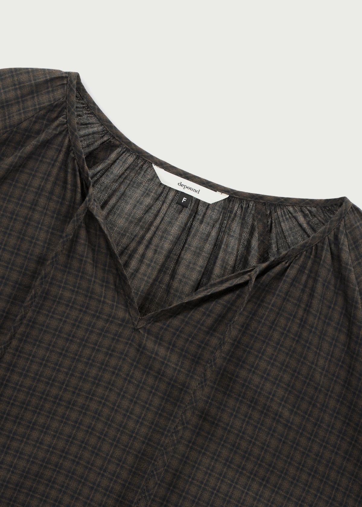 Depound neck string ribbon check blouse - brown check