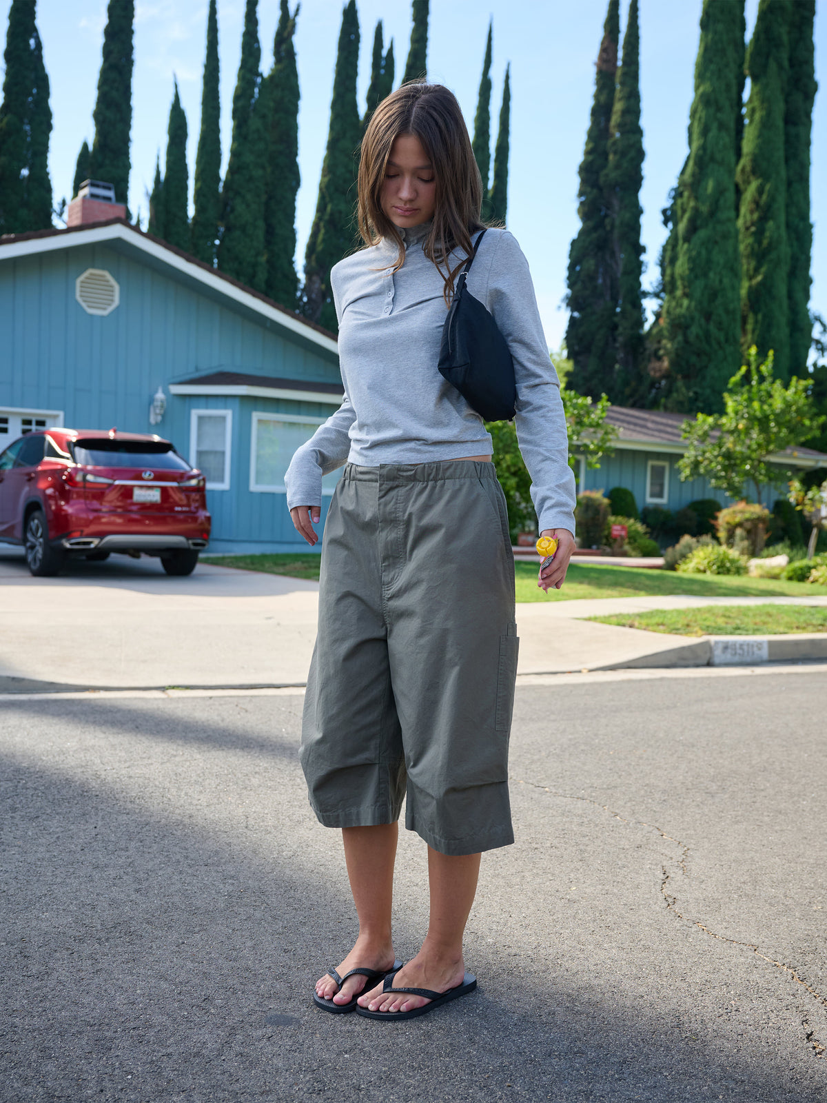 Low Classic Buttoned High-Neck Tee Melange Grey