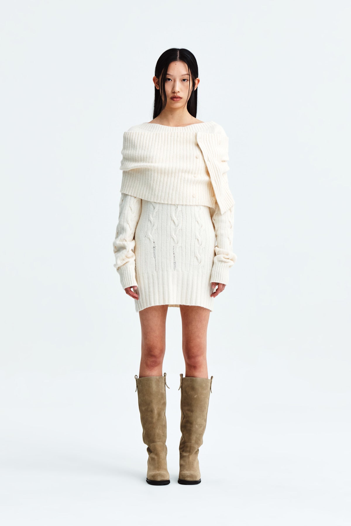 Matinkim Damage Point Cable Knit Dress IN Ivory