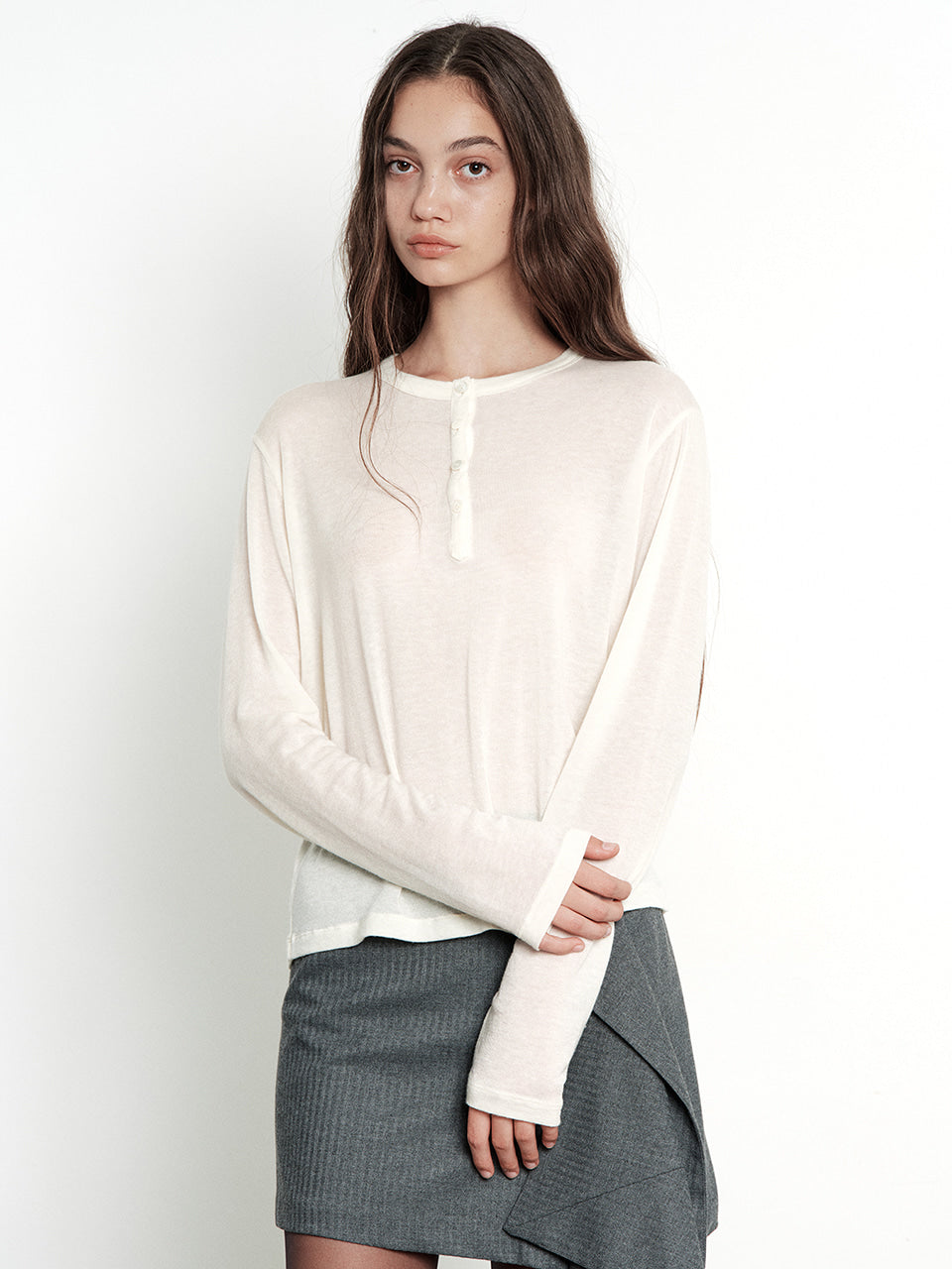Margesherwood Henley Neck Long Sleeve T-Shirt ivory