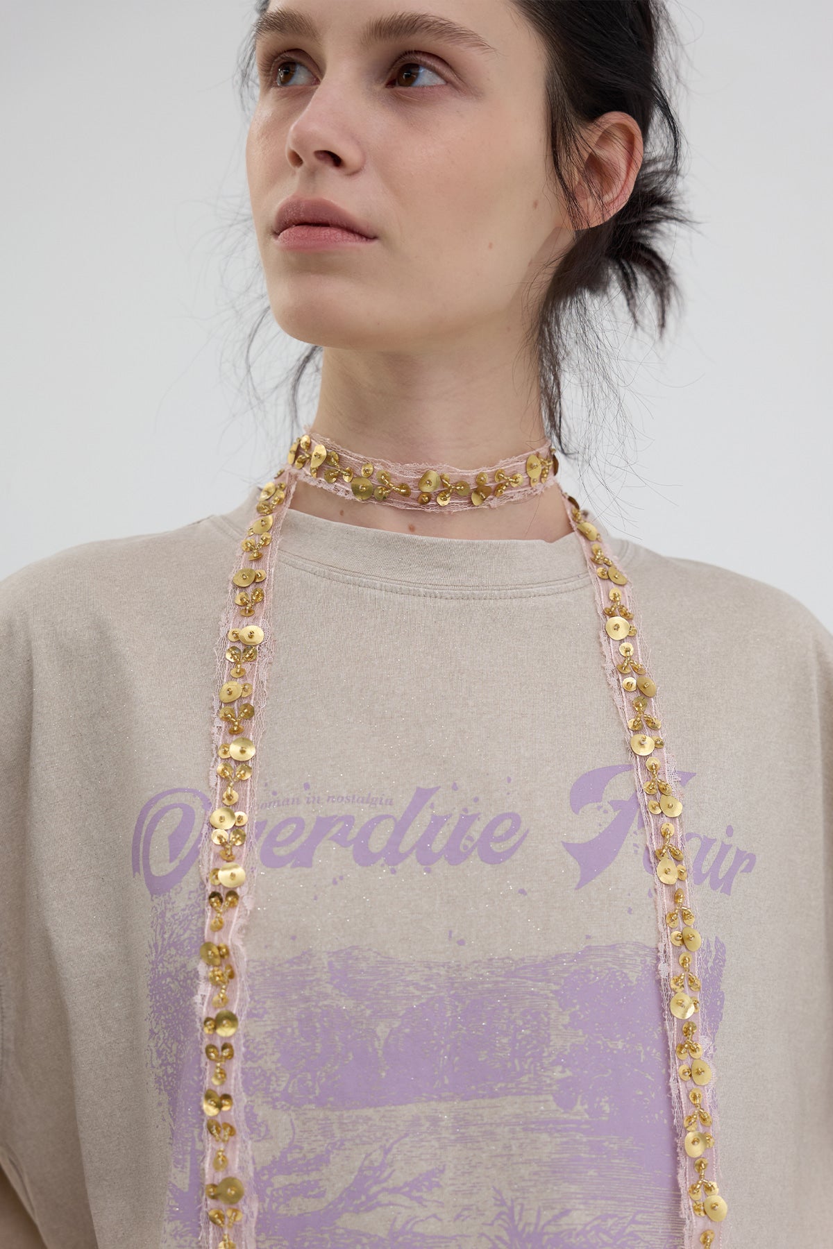 Overdueflair New Vintage Printing T-Shirt Glitter Beige