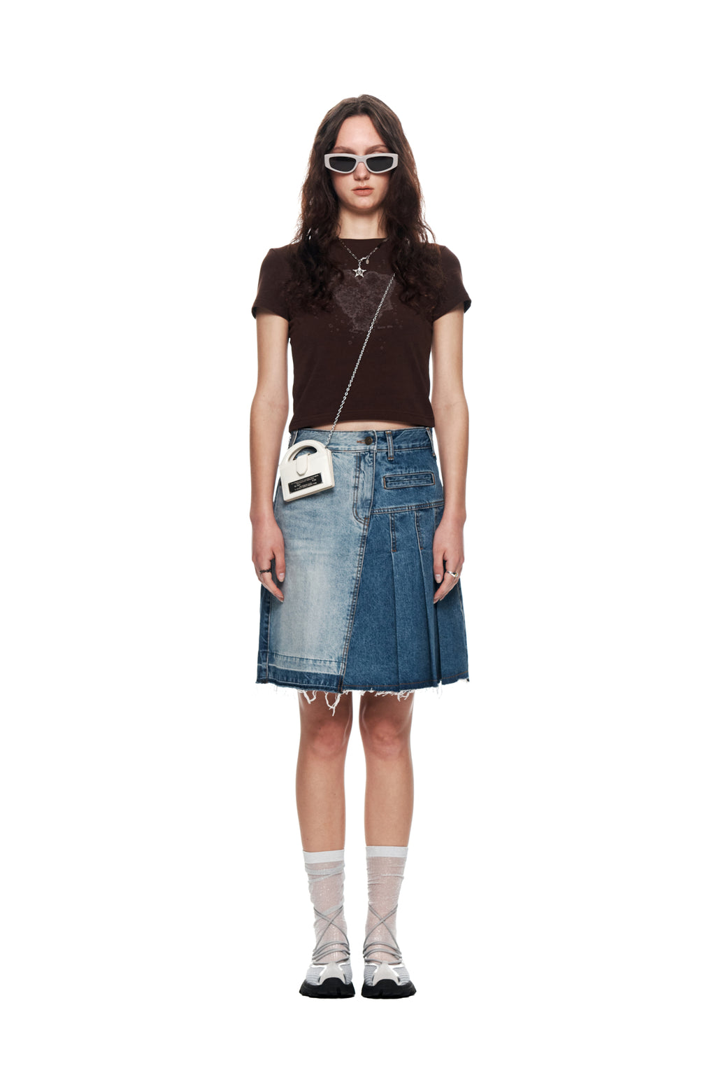 [matinkim] PLEATS POINT DENIM MIDI SKIRT IN BLUE