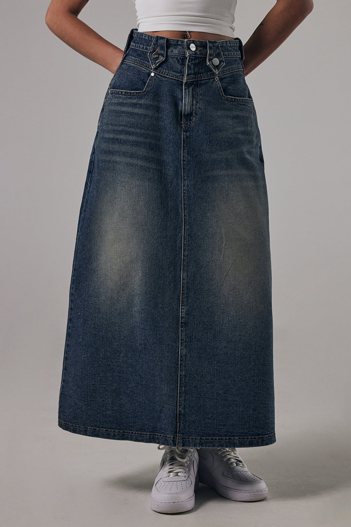 Treemingbird Front Yoke Denim Long Skirt Dark Blue